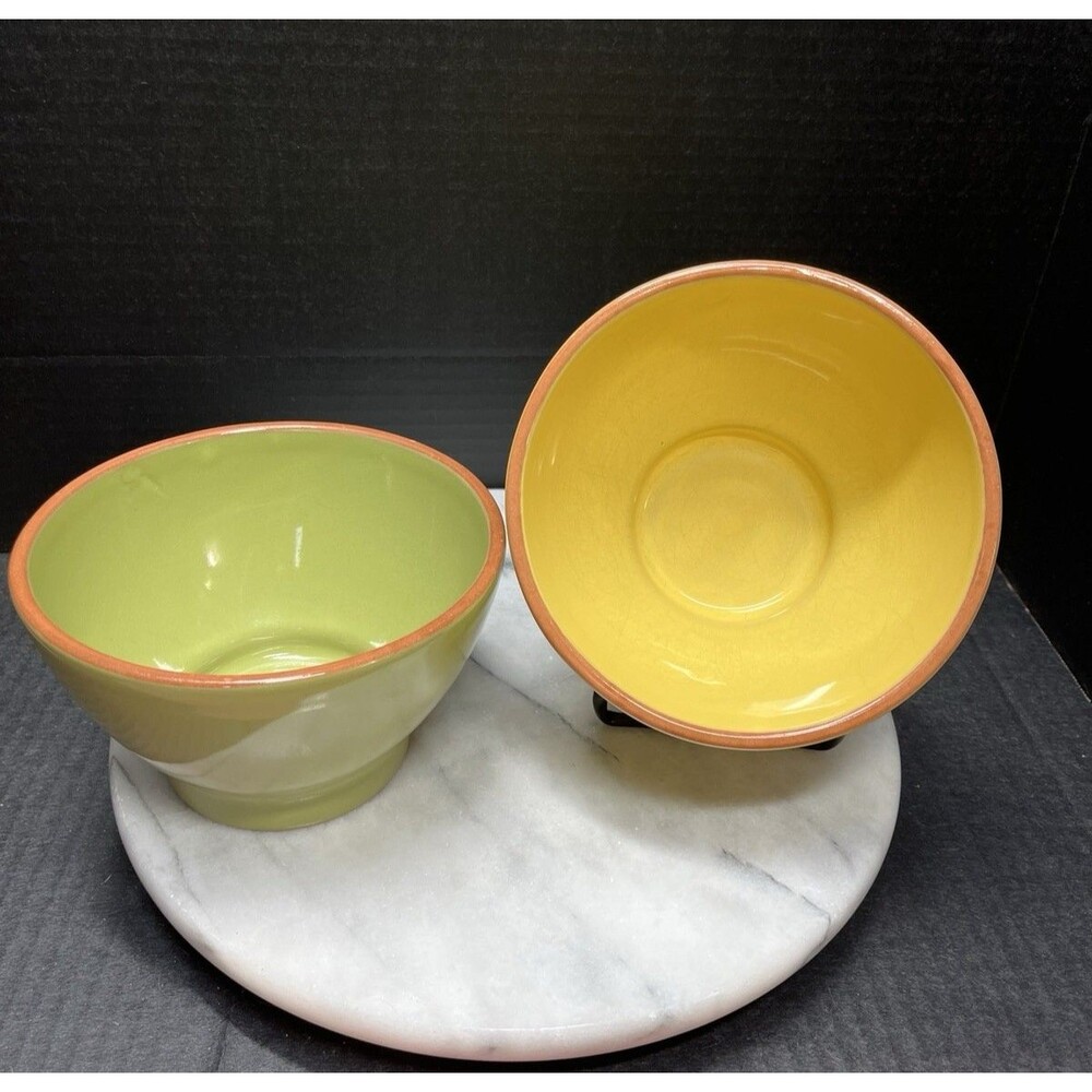 2 VDS Val Do Sol Portugal Ceramic Soup Cereal Bowl Green Yellow Terra Cotta Rim